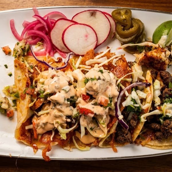 Loaded nachos topped with seasoned meat, creamy sauce, shredded cabbage, vegetables, radishes, pickled onions, jalapeños, and lime.