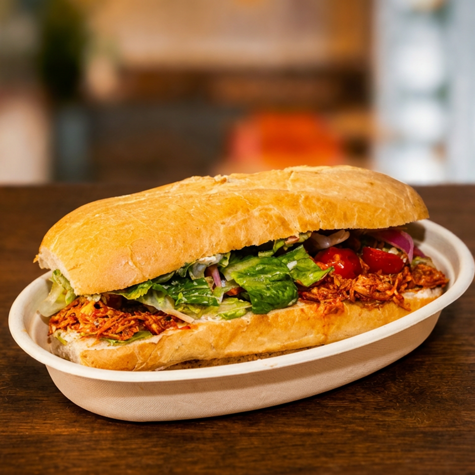 A loaded sandwich with lettuce, tomatoes, onions, and crispy shredded topping sits in a compostable tray on a wooden restaurant table.