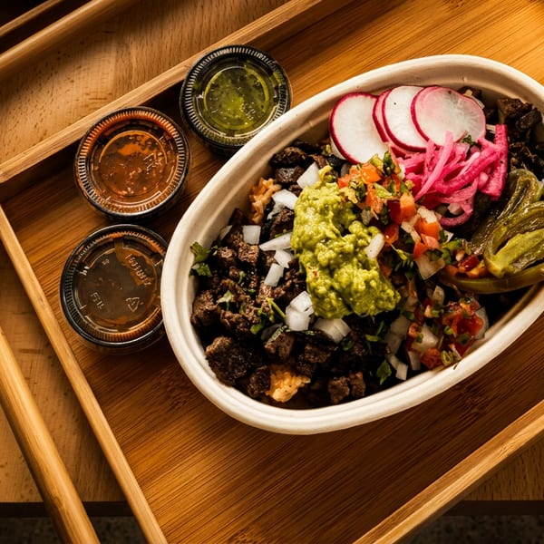 Bowl of seasoned rice topped with black beans, guacamole, pickled onions, radishes, peppers, and sauces on a wooden tray.