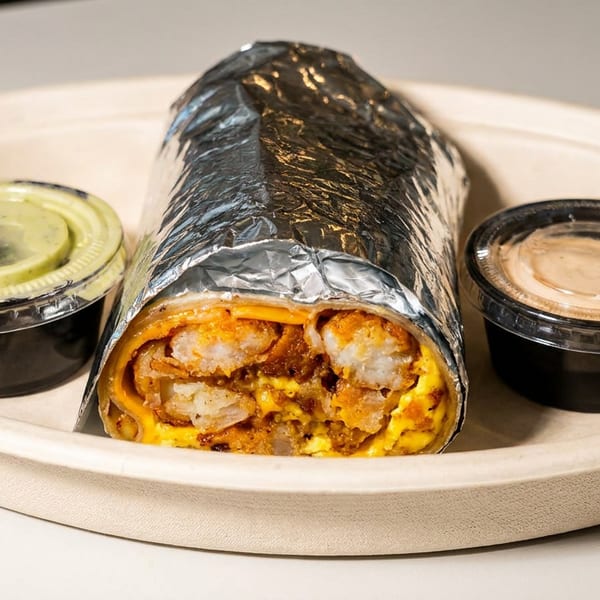 Foil-wrapped breakfast burrito filled with eggs, cheese, and crispy potatoes, served with green and creamy dipping sauces on a plate.